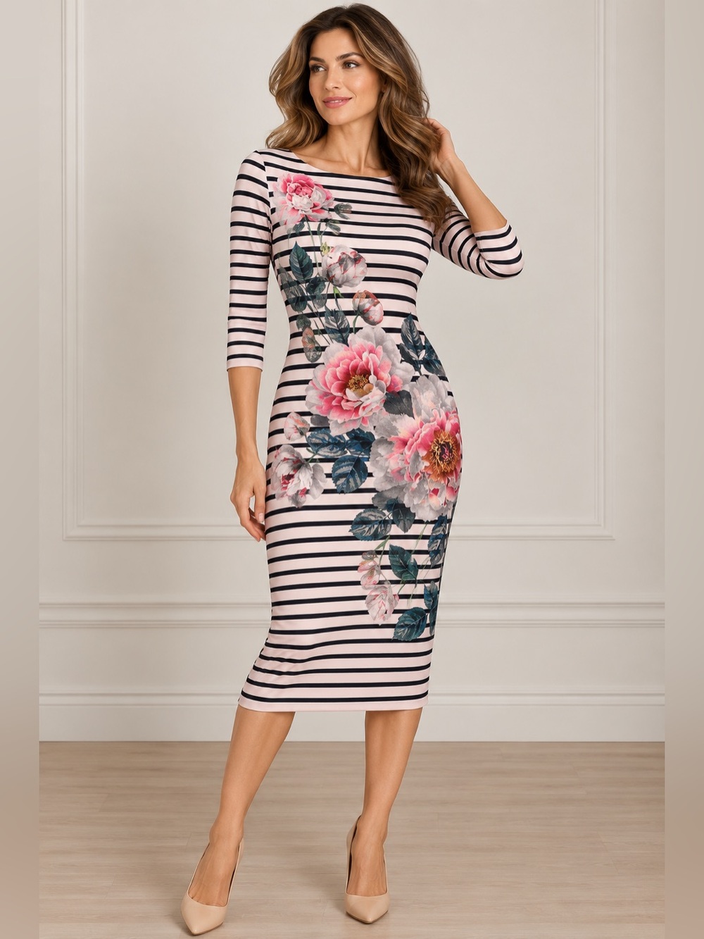 Striped Pink Floral Sheath Dress - Elegant Mid-Length